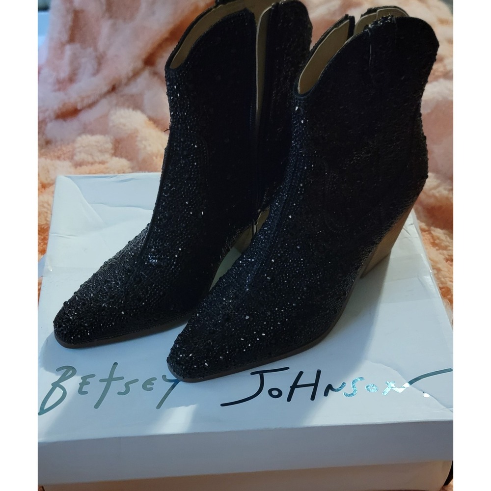 Betsey Johnson Black‎ Rhinestone Embellished Western Ankle Boots Women - Picture 2 of 4